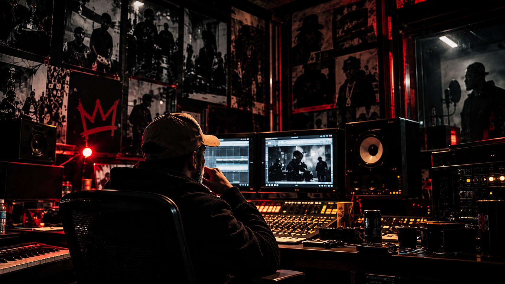 Music production studio with red lighting, mixing console and recording booth
