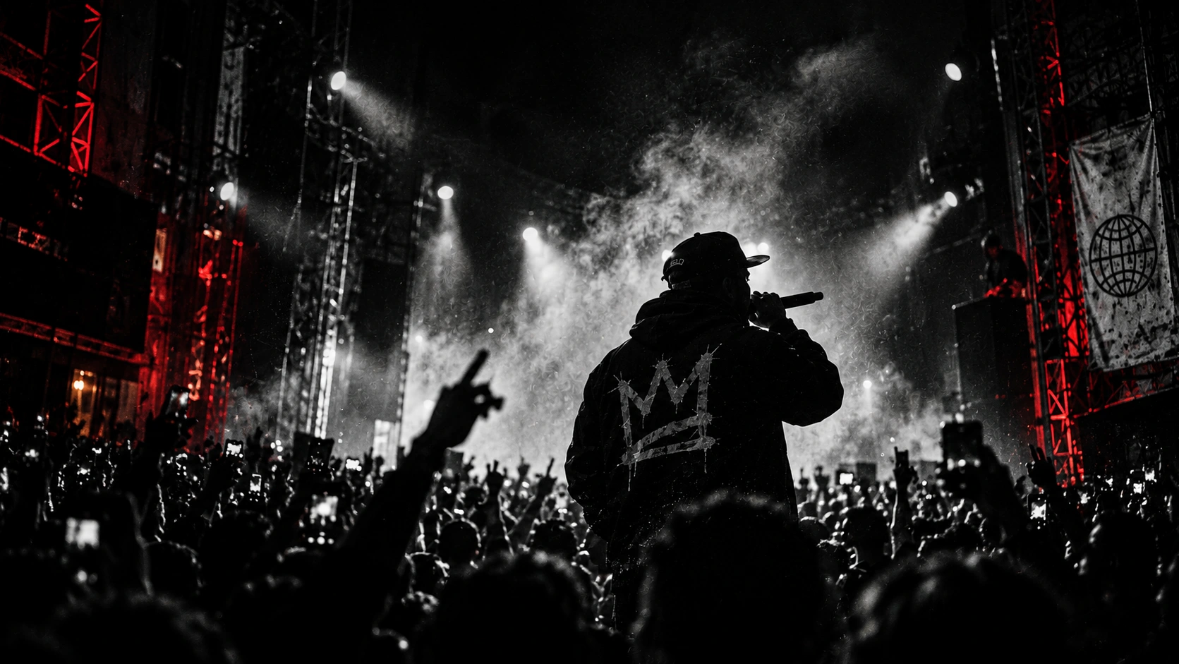 A rapper on stage with their back to a crowd under stage smoke and lights