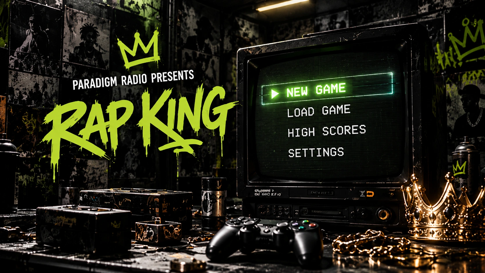 Rap King artwork with a controller, crown and retro television